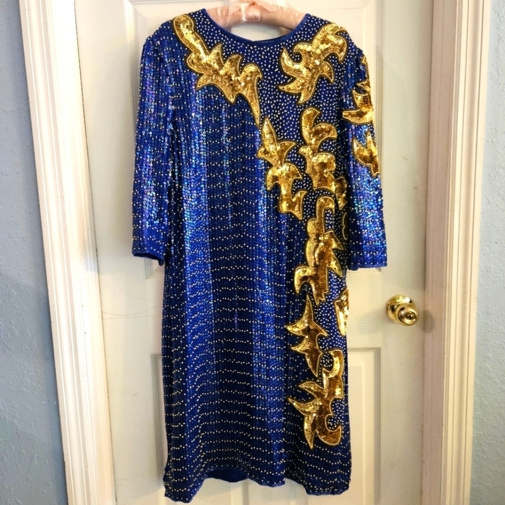 Vintage DejaVu 100% Silk Fully Beaded & Sequined Navy & Gold Size Large